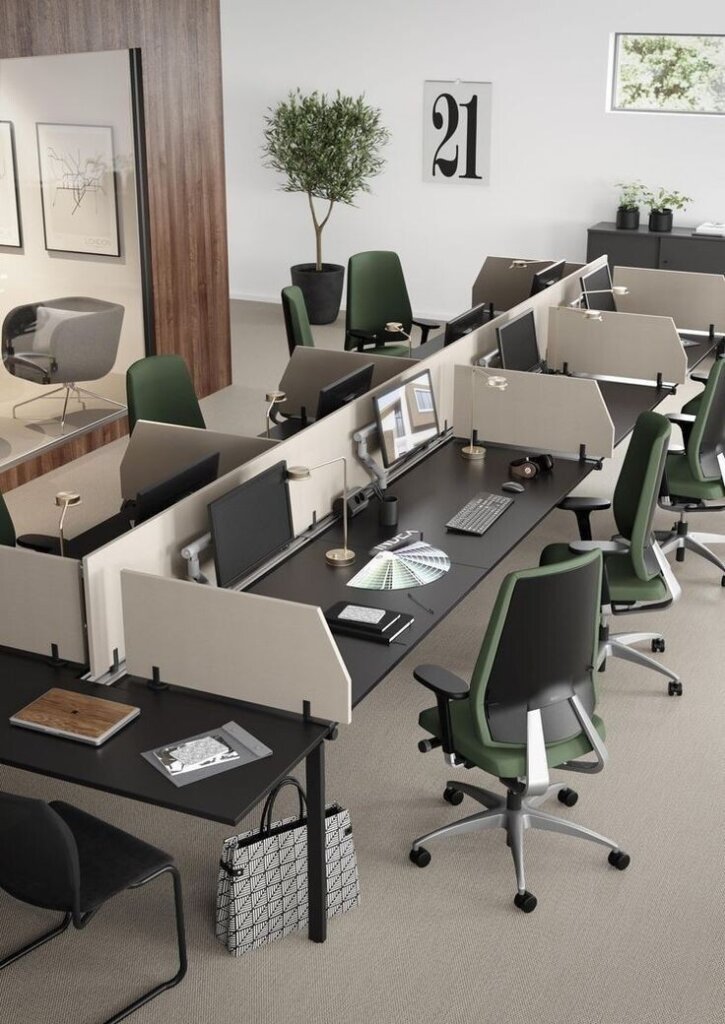 A sustainable and eco-friendly design office space with energy-efficient lighting, and green furniture